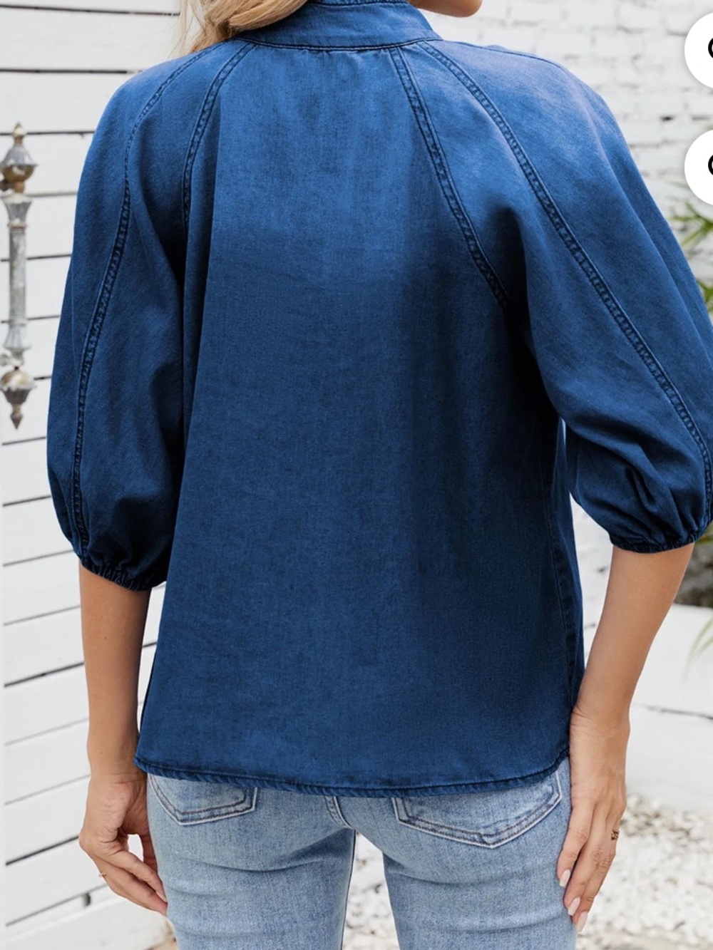 Denim Blouse Bow Tie ButtonUp Mock Neck Jean Shirt Elastic Puff Sleeve Loose Fit - Picture 3 of 7